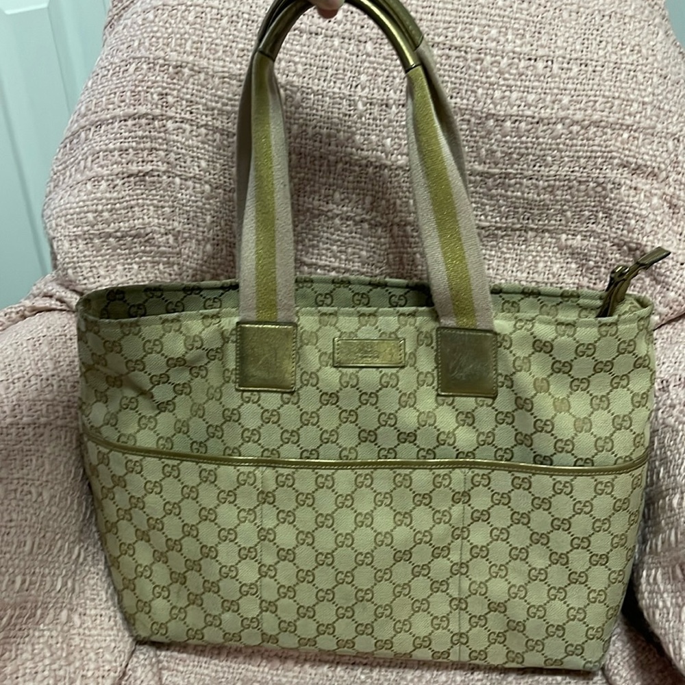 Authentic Gucci Monogram Web Large Tote Bronze Lu… - image 2